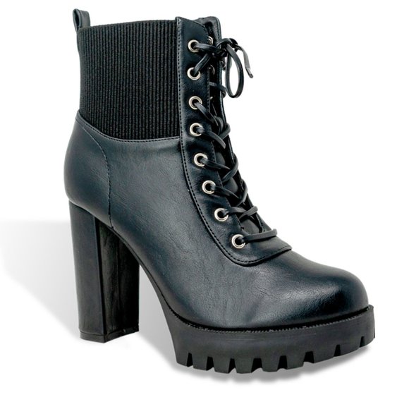 WOMEN'S CHUNKY LACE UP PLATFORM HEELED BOOTIE - Picture 2 of 4